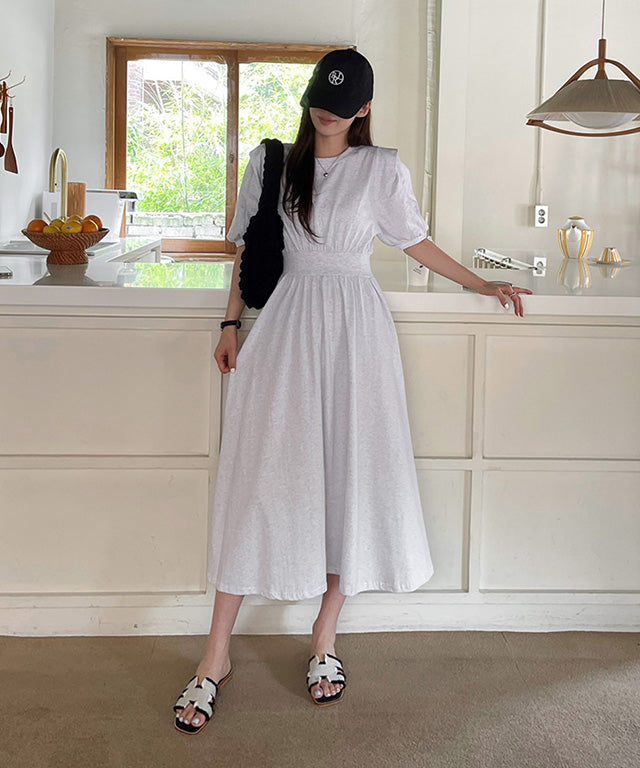 N9 Mehao Puff Banding Dress - Melange White