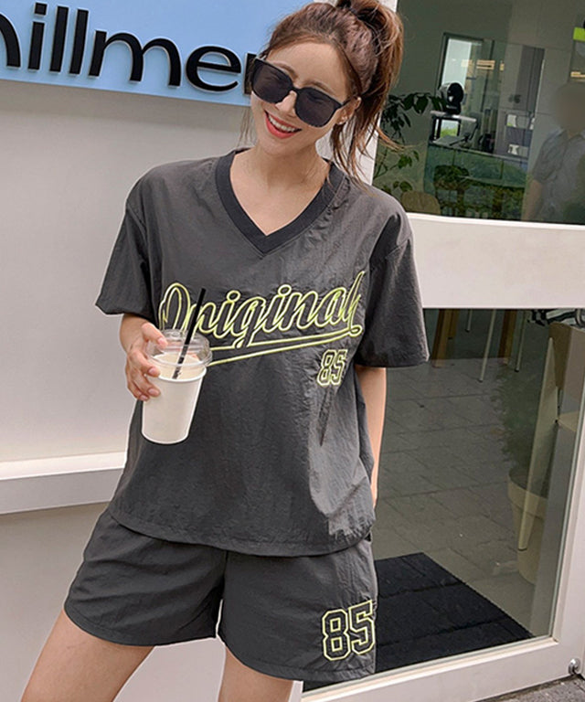 N9 Ruff Bo Embroidered V-Neck Tee Pants Set - Charcoal