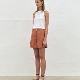 KUME STUDIO  Pintucked Linen Blend Shorts - Brick
