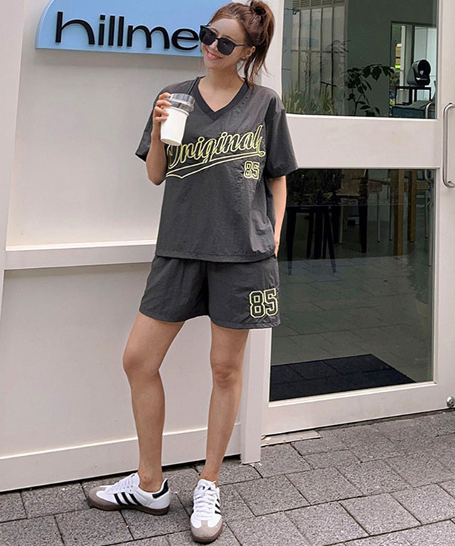 N9 Ruff Bo Embroidered V-Neck Tee Pants Set - Charcoal