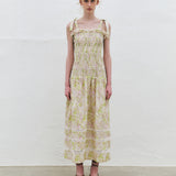 KUME STUDIO  Ribbon Smocked Long Dress - Lime