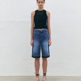 KUME STUDIO Frayed Denim Midi Shorts - Blue