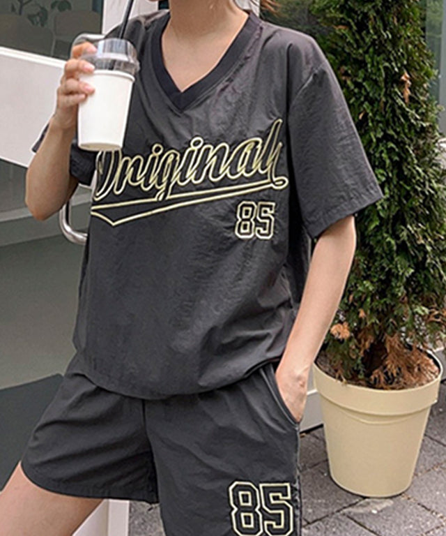 N9 Ruff Bo Embroidered V-Neck Tee Pants Set - Charcoal