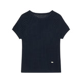 KUME STUDIO Rayon Blend Fitted Short-Sleeved Sweater - Navy