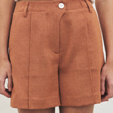 KUME STUDIO  Pintucked Linen Blend Shorts - Brick
