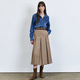 KUME STUDIO Wrinkle-free Waist Pleated Long Skirt - Beige