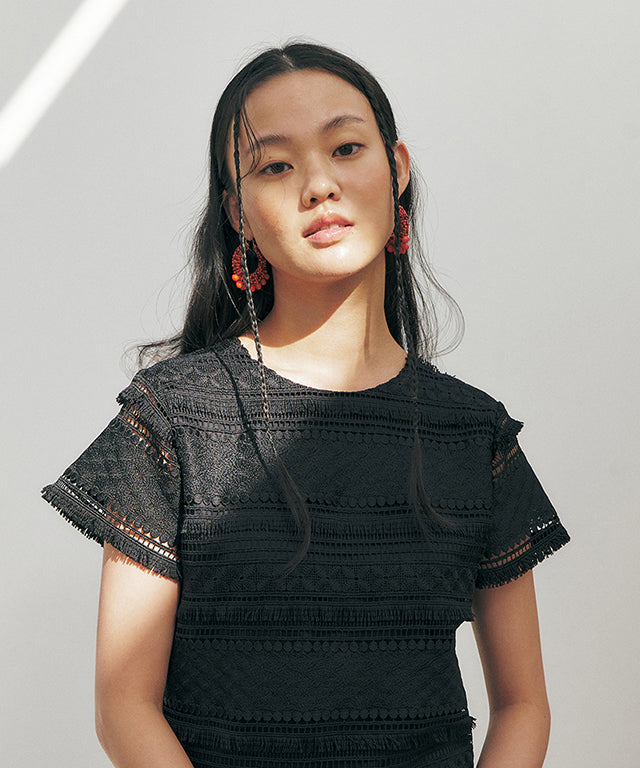 KUME  STUDIO Fringe Lace Mini Dress - Black