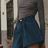 KANDINI A-line Corduroy Short Pants - Blue