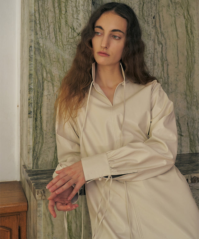 KUME  STUDIO Faux Leather Belted Dress - Ivory