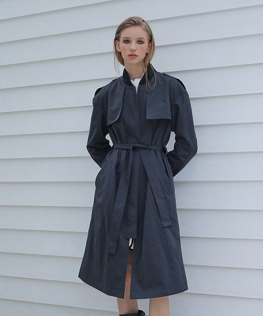 PAUL AND ALICE  RIBBED NECK TRENCH COAT - NAVY