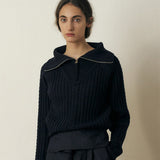 KUME STUDIO Cashmere Blend Half Zip-Up Sweater - Navy
