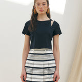 KUME STUDIO Striped Cotton Jacquard Pleated Skirt - Navy Stripe