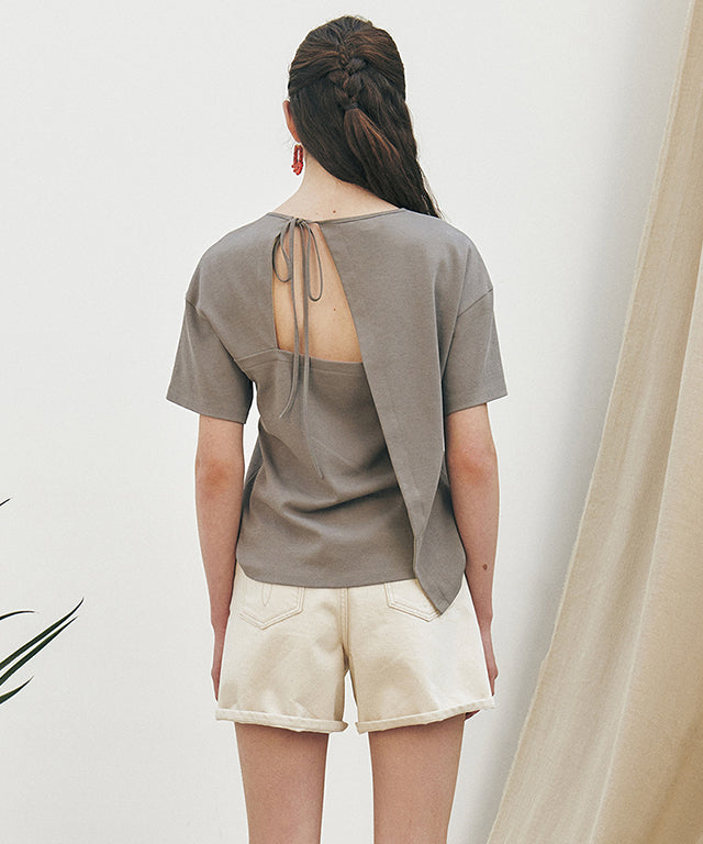 KUME STUDIO Back Pleated Ribbon T-Shirt - Dark Gray
