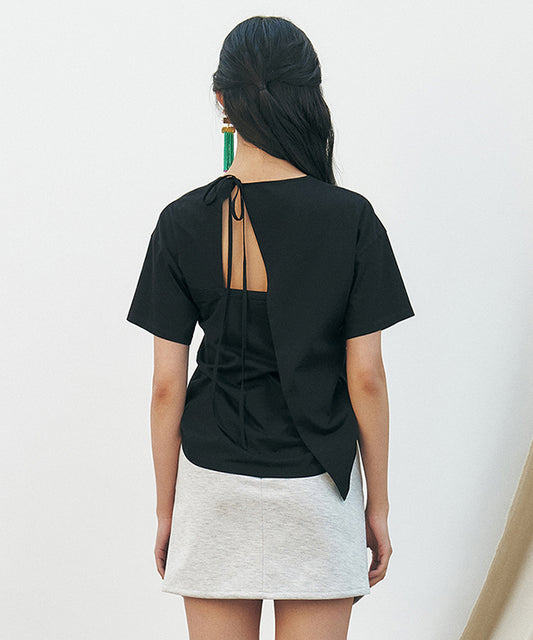 KUME STUDIO Back Pleated Ribbon T-Shirt - Black