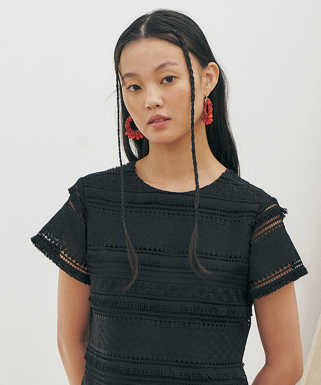 KUME  STUDIO Fringe Lace Mini Dress - Black