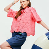 LE SONNET Eyelet Summer Shirts - Pink