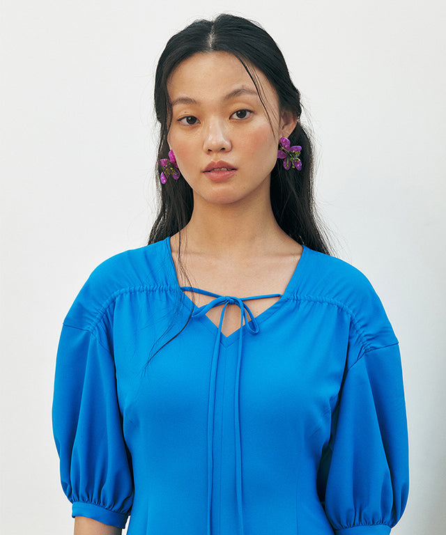 KUME  STUDIO Balloon Sleeve Satin Shirring Dress - Blue