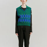 LE SONNET Logo & Argyle Knit Vest - Green