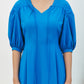 KUME  STUDIO Balloon Sleeve Satin Shirring Dress - Blue