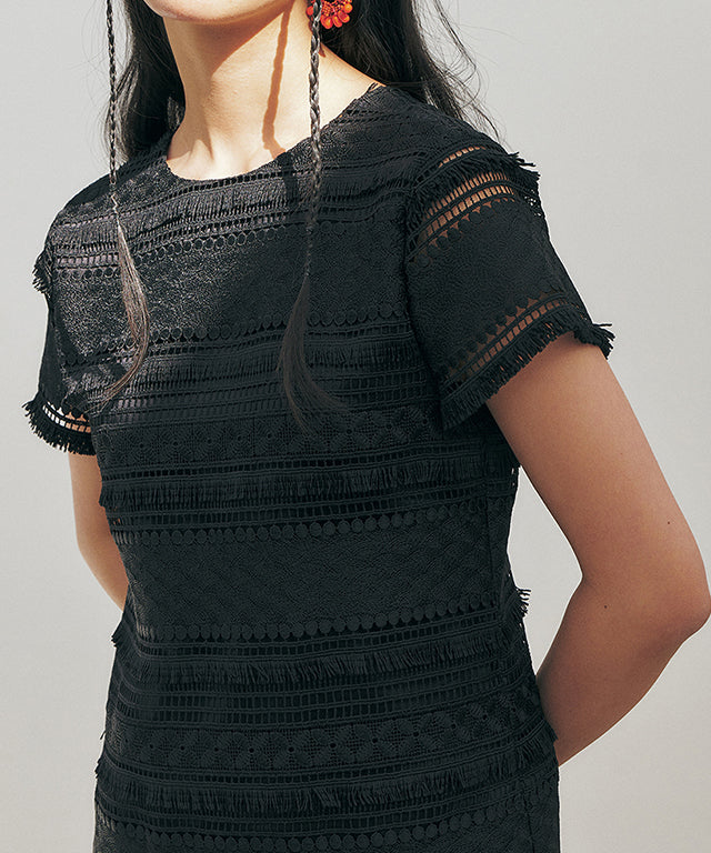 KUME  STUDIO Fringe Lace Mini Dress - Black