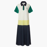 KUME  STUDIO Color Block Pleated Pique Long Dress - Navy